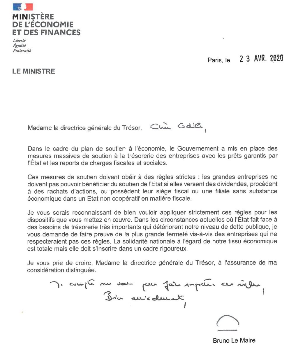 Hier matin  @BrunoLeMaire fait des grandes annonces : l'Etat n'aidera pas les entreprises qui ont des filiales dans des paradis fiscaux.L'après-midi :- l'article voté au Sénat est supprimé de la loi  #PLFR- une circulaire est publiée mais a une portée essentiellement symbolique