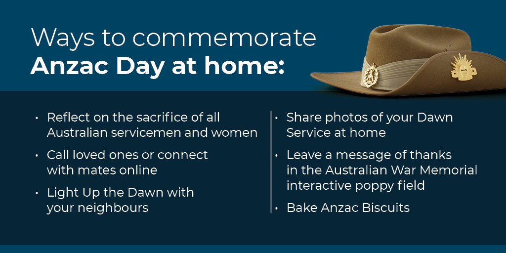 ausgov's tweet photo. Anzac Day is a day of reflection, remembrance and gratitude for all Australians who have served our nation in war, conflict and peacekeeping operations.

This year, you can commemorate from home with the help of @DeptDefence , @DVAAus &amp; @AWMemorial 

#AnzacAtHome #StandAtDawn https://t.co/SXcEQsd4l1