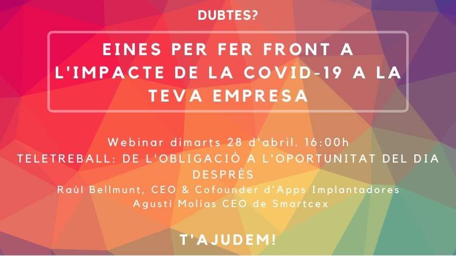 🔵Al proper webinar debatrem sobre l'impacte tecnològic i de gestió humana que tindran les tecnologies en el #teletreball després de la crisi
Comptarem amb Raul Bellmunt [<a href="/AppsImplant/">Apps Implantadores</a>] i <a href="/AgustiMolias/">Agustí Molías</a> [<a href="/smartcex/">Smartcex</a>]

📆Dm, 28 d'abril -16h

👉Inscriu-t'hi! docs.google.com/forms/d/e/1FAI…