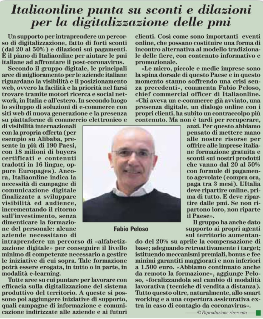 Sconti dal 20 al 50% e dilazioni nei pagamenti per dare il nostro supporto alle imprese italiane. Per fare ripartire l'Italia, online. Su <a href="/ItaliaOggi/">ItaliaOggi</a> si parla di noi
#lontanimavicini #italiaonline #ecommerce #digitale #piacerediconnetterti italiaoggi.it/news/italiaonl…