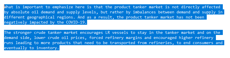 TLDR again: the issues with crude storage encourage ships to stay in that market - further supply tightness for product ships. Products are driven by imbalance more than crude.