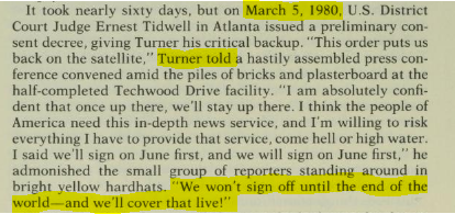 What points to Teddy being involved?Well for starters, the Guidestones were revealed just 3 months before he launched CNN in Atlanta, & only a mere 100 miles awayAlso, R.C. stated that the Guidestones were designed to handle any cataclysm, and Ted said this at the CNN launch