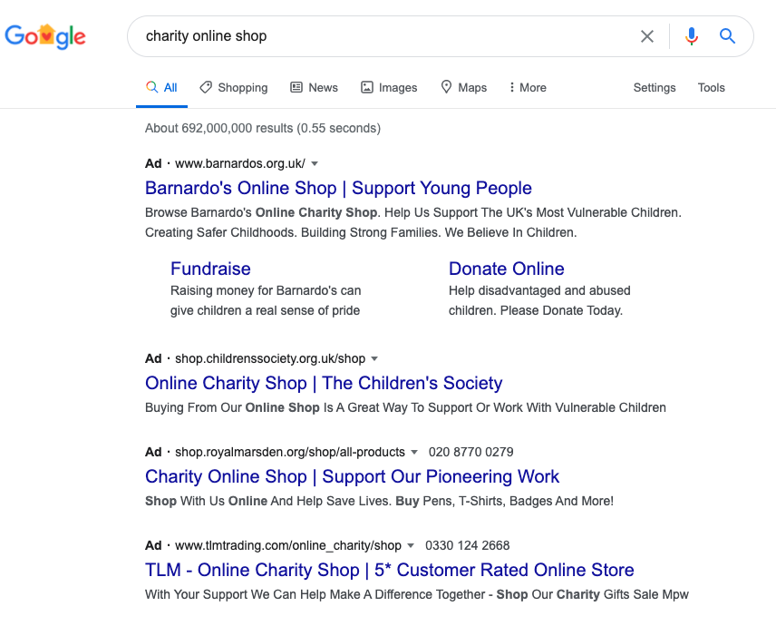 First, search. Ad Grants and paid Google Ads accounts are advertising all sorts of services and income generating services, like online shops. If it can be access online, it's being promoted.
