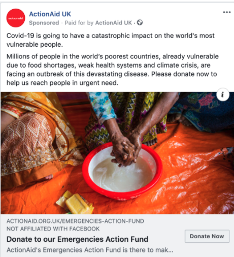 On Facebook, lots of charities are promoting their emergency appeals. This one, from  @ActionAidUK, has a colourful handwashing image. This will resonate with people's daily experience right now.