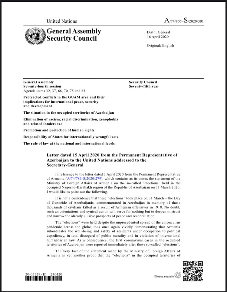 Mfa Azerbaijan En Twitter Letter From Azmissionun Addressed To The Un Secretary General Antonioguterres On The So Called Elections Held In The Occupied Nagornokarabakh Region Of On 31 March Was Circulated