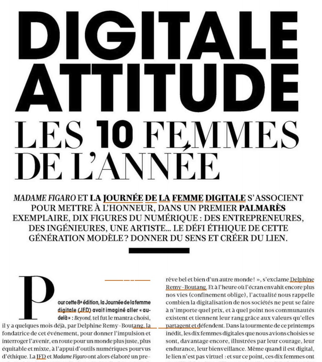 #JFD &amp; <a href="/Madamefigaro/">Madame Figaro</a> s'associent pour mettre à l'honneur un palmarès de 10 femmes du numérique : 
des entrepreneur-es, ingénieur-es.. le défi éthique de cette génération #JFD ? Donner du sens et créer du lien.
Disponible en print dès ce matin.