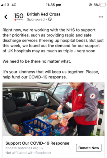 I like this one from  @BritishRedCross. The food delivery image will be very familiar to people right now, they're specific about the needs and how they're addressing it. And any mention of the NHS will go down well!