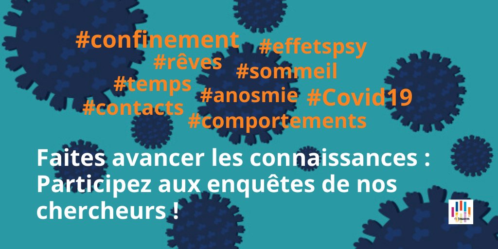 Inserm's tweet photo. Afin de documenter de nombreux aspects de la situation inédite que nous vivons, des équipes @Inserm ont lancé des enquêtes auxquelles vous pouvez répondre en ligne. 

💻 Faites avancer les connaissances en y participant !

Plus d’info👇
https://t.co/qNTzGnuF6z https://t.co/7tHCPUVSb7