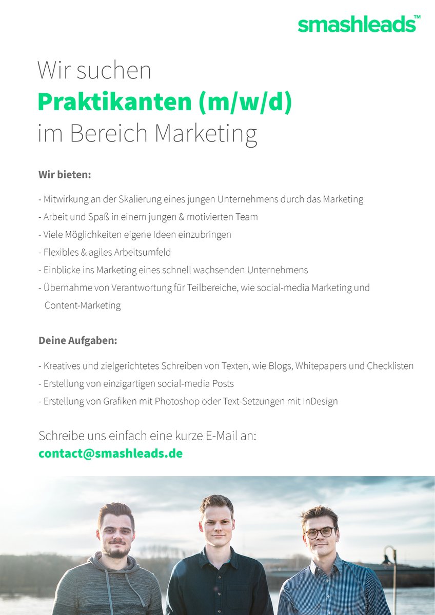 Du bist #kreativ? Hast ein Gespür für #Design oder kannst gut #Schreiben? 
Wir suchen genau Dich!

Bewirb Dich jetzt bei smashleads™ für ein Praktikum im Bereich #Marketing und gewinne Einblicke in die Prozesse eines wachstumsorientierten Technologie-Unternehmens.