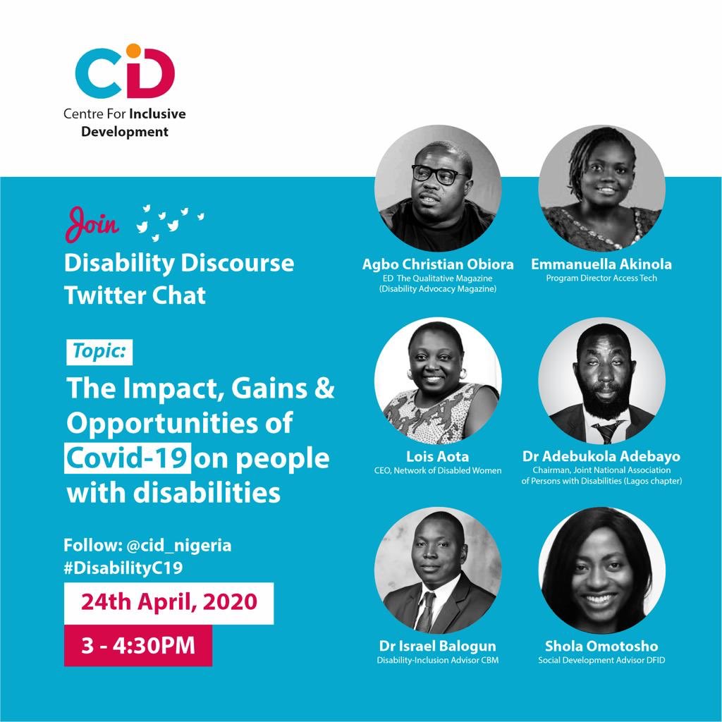 cid_nigeria's tweet photo. Are you ready for our Twitter Chat by 3pm today, as @EurekaCorner  @GoldenLois  @agboobiora2 @temisrael  @ellaakin2  &amp; @Adebayo2000  share deeper insights on the impact, gaims &amp; opportunities of COVID-19 om persons with disabilities #DisabilityDiscourse @YIAGAA @UNDP @drjoeabah https://t.co/7Rhpj58LTm