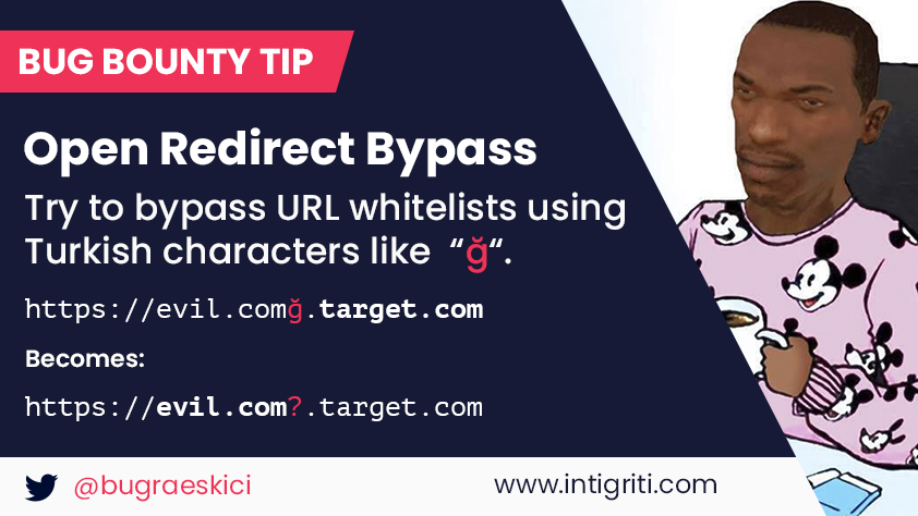 Clever  #BugBountyTip from  @bugraeskici: if you stumble upon a URL whitelist, try special characters (like ğ). Some parsers can't render them and change it to "?", allowing URL whitelist bypass!