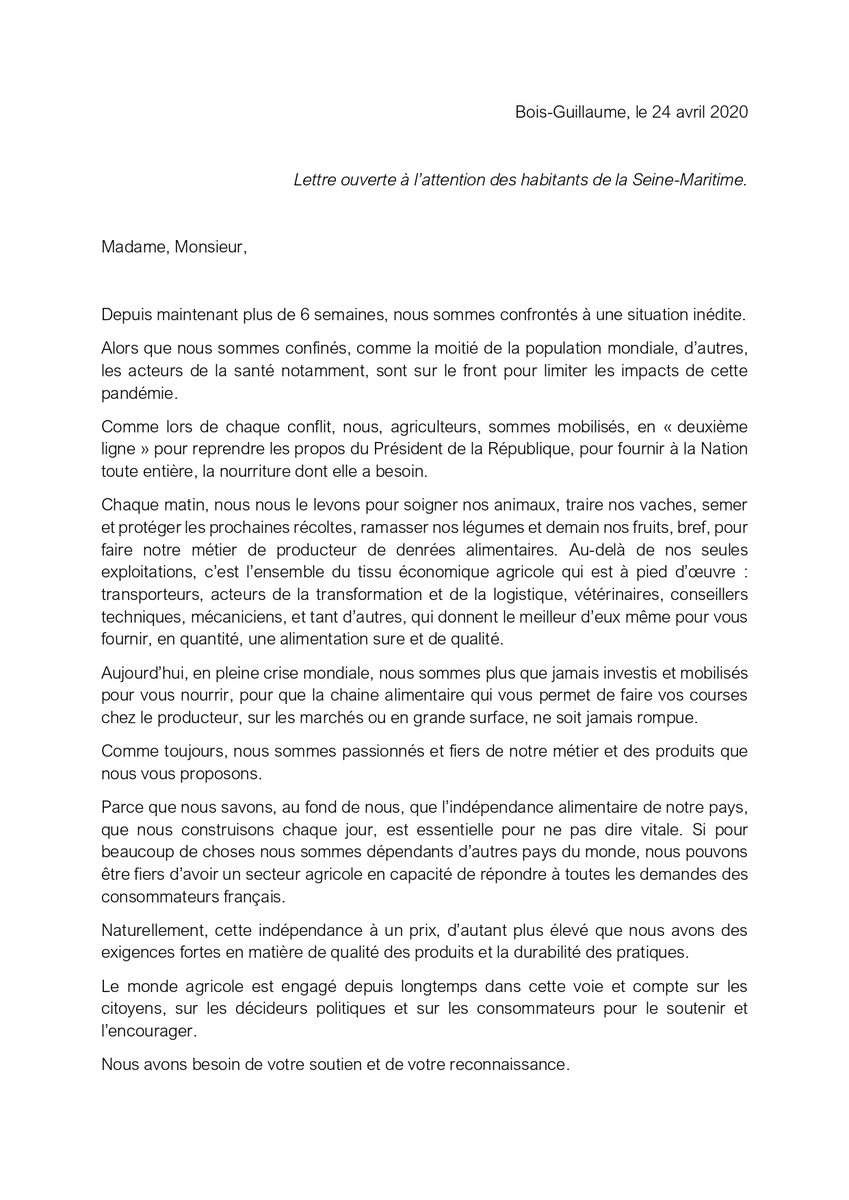 FNSEA76's tweet photo. Lettre ouverte des agriculteurs de Seine-Maritime
https://t.co/xoH7WNp5GY @Jeunesagri76 https://t.co/EmiXl2zZWk