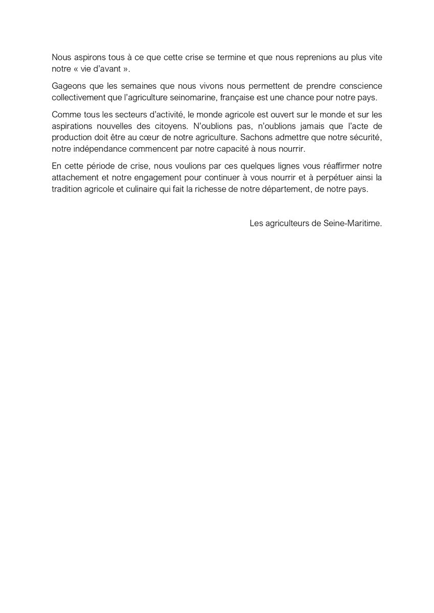FNSEA76's tweet photo. Lettre ouverte des agriculteurs de Seine-Maritime
https://t.co/xoH7WNp5GY @Jeunesagri76 https://t.co/EmiXl2zZWk