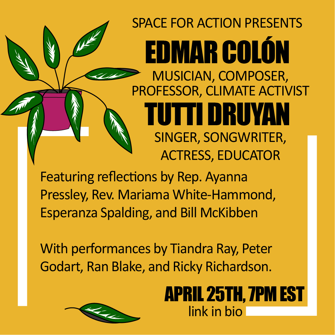 space4action's tweet photo. Artist Spotlight for Space For Action: Rebuilding a Sustainable World - saxophonist/pianist/composer Edmar Colón and singer/songwriter Tutti Druyan!  Sat, 4/25 at 7pm EST. Register Here: https://t.co/EfGOWgUcFI

#jazz #EarthDay2020 #spaceforaction #Berklee @OFFICIAL_TUTTI https://t.co/muKW3ywEnT