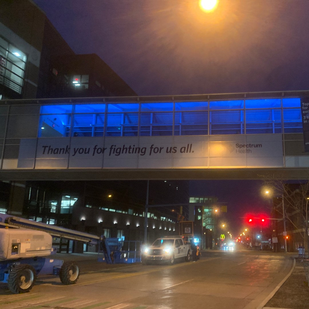 Sometimes a project warrants a 2am install start time.  This is one of those projects.  Thank you to <a href="/SpectrumHealth/">Spectrum Health</a> for allowing us to partner with you on this awesome tribute to your team. #HealthcareHeroes #InThisTogether #SpectrumSkyWalk #MoreThanSigns