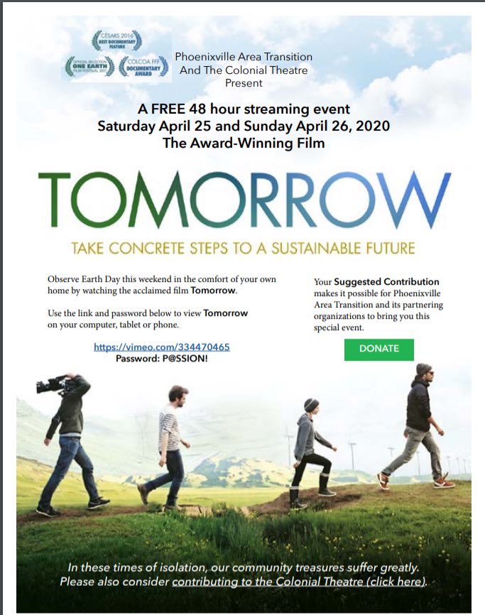 transitionpxv's tweet photo. Observe Earth Day this weekend in the comfort of your own home by watching the acclaimed film “Tomorrow”.  Use this link and password to view “Tomorrow” on your computer, tablet or phone.

https://t.co/FQCTuNetT9     Password (note all caps): P@SSION! https://t.co/0koCNVFSxe