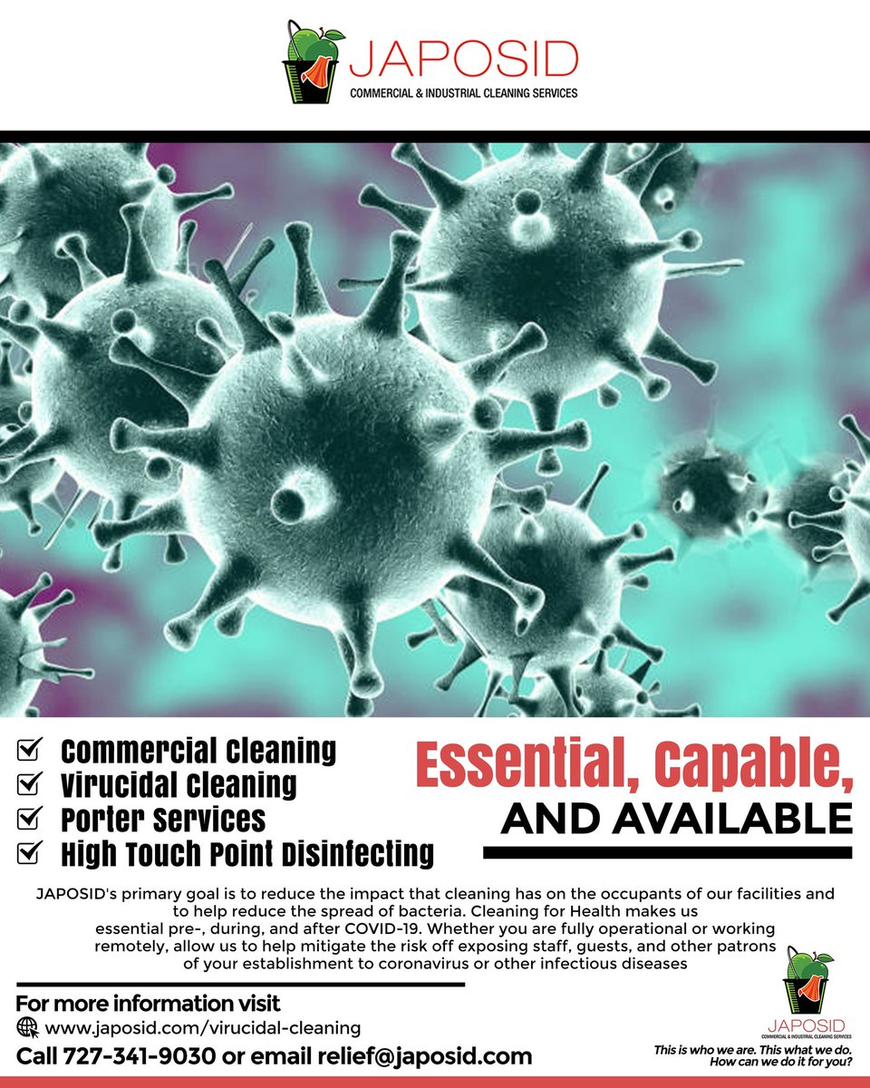 JAPOSID4Hire's tweet photo. #Coronavirus #Disinfecting #Awareness 

This is who we are. This is what we do. How can we do it for you? #JAPOSID #CleaningServices #Janitors #StPete #Pinellas #Hillsborough #Manatee #Pasco #HireUs https://t.co/PnRfere1NG