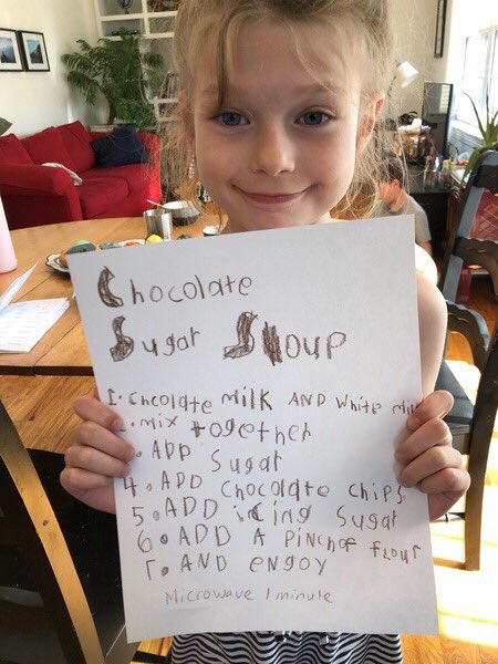 MrsBeaumaster's tweet photo. Here is my sweet, creative Lizzie. She was using her word dictionary to help write up a new recipe she created, Chocolate Sugar Soup!! Sounds yummy! I wonder what Lizzie will make next?? 🤔⁦@Topsail_Elem⁩ https://t.co/hm7enwXV36