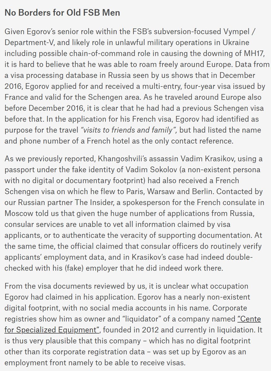 Col. Egorov traveled with ease throughout Europe on a visa issued by France, similar to other GRU and FSB officers and contracted killers we have previously investigated, including Vadim Krasikov, the Berlin Khangoshvili assassin.
