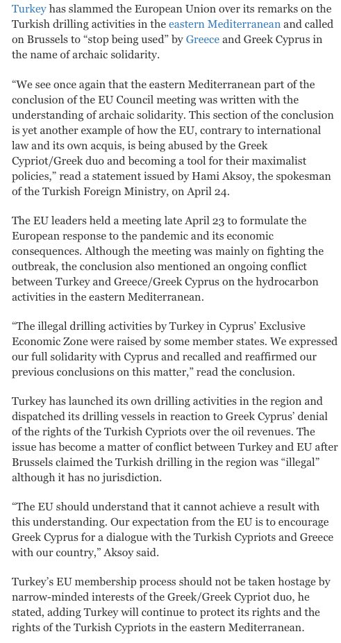 Turkey has slammed the European Union over its remarks on the Turkish drilling activities in the eastern Mediterranean  https://www.hurriyetdailynews.com/turkey-slams-eu-over-east-med-remarks-at-council-meet-154162  #EastMed  #Cyprus  #EEZ