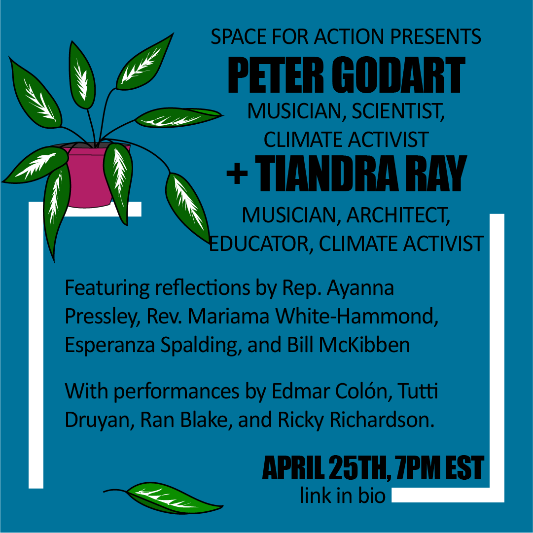 space4action's tweet photo. Artist Spotlight for Space For Action: Rebuilding a Sustainable World - MIT musician/engineer/architect duo Tiandra Ray and @peter_godart! Sat, 4/25 at 7pm EST. Register Here: https://t.co/EfGOWgUcFI
 
#jazz #jazzvoice #EarthDay2020 #spaceforaction #climateactivism https://t.co/JYoBFyS52C