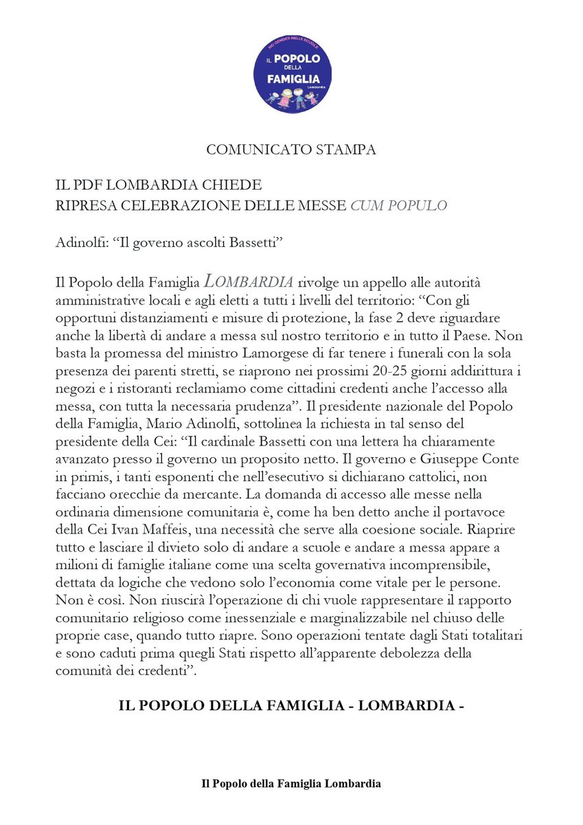 PdFTV1's tweet photo. #PdF riprendano le #celebrazioni della Messa cum populo #MarioAdinolfi https://t.co/xe7hs8HqR0