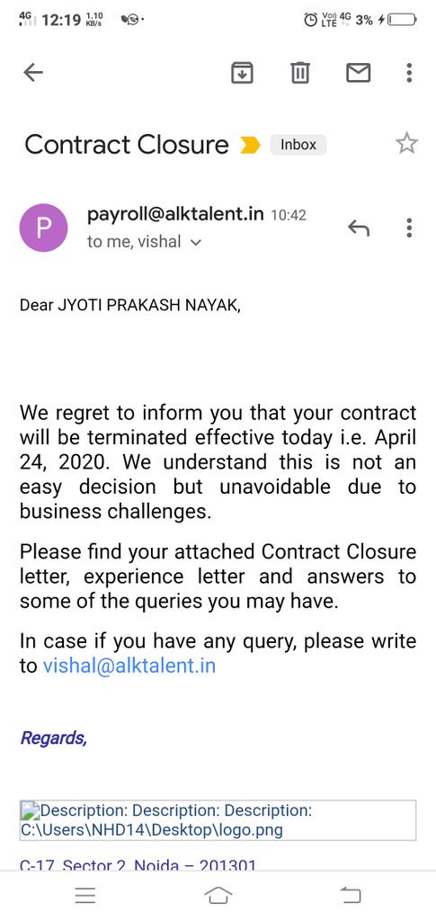 jyotipr20433806's tweet photo. @FarooquiZakee @PMOIndia @nitin_gadkari @ndtv @aajtak @PMOIndia @nitin_gadkari @ndtv @aajtak @ZeeTV
Honourable Pm sir,
without any prior of notice immediately termination letter processed from #ALKTalent on behalf of #Udaan #Hivelooppvtlimited -B2B
We all are hope less.
they take necessary actioned .its very pathetic sir. https://t.co/turWWF74PX