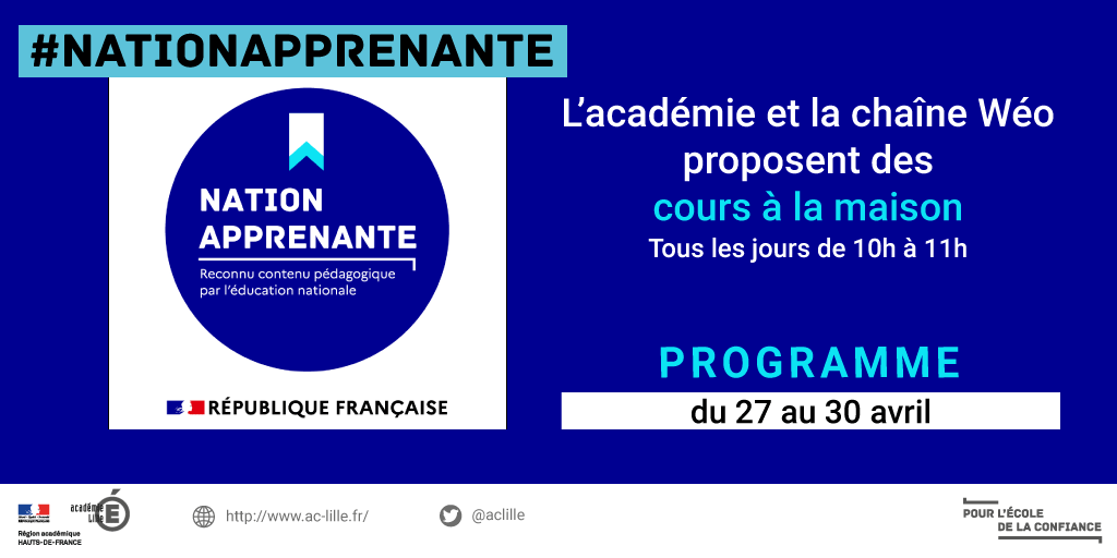 📺📅Le programme des cours proposés sur la chaîne <a href="/WEO_TV/">Wéo</a> du 27 au 30 avril est disponible.
▶www1.ac-lille.fr/cid150752/des-…

#nationapprenante #continuitépédagogogique #hautsdefrance