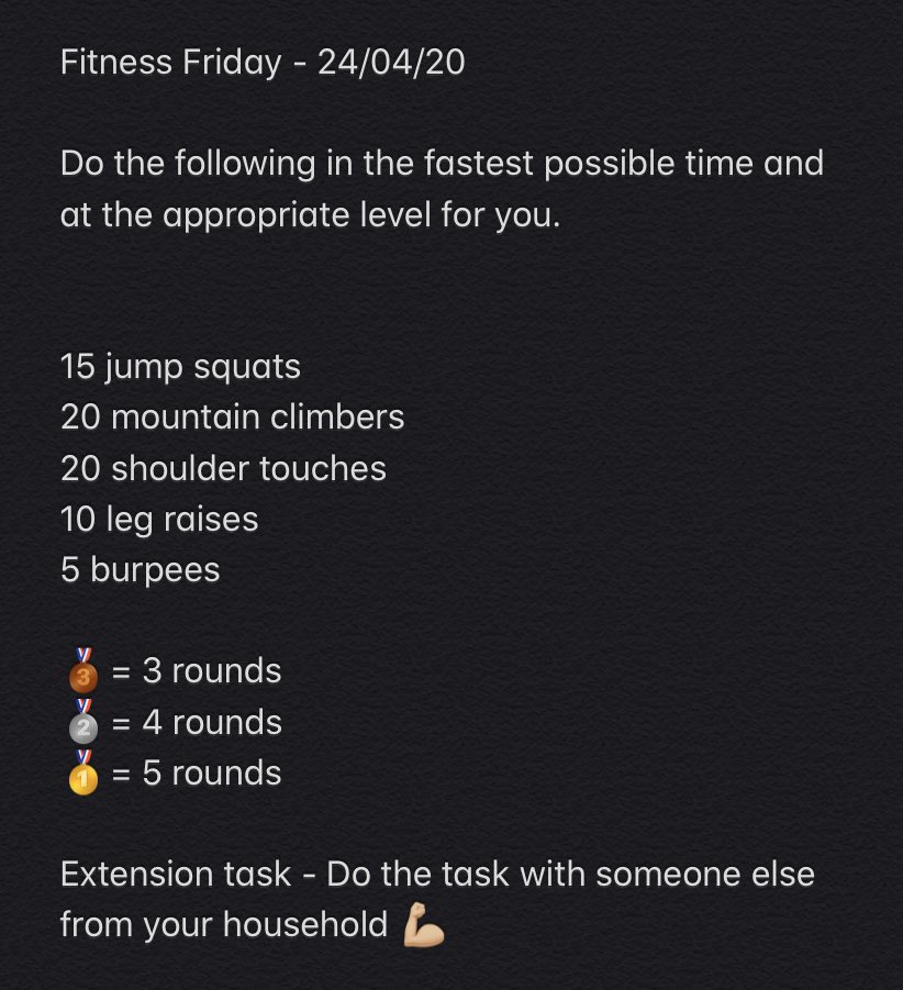 LHS_YouthRugby's tweet photo. 🚨Fitness Friday🚨
Friday again which only means one thing ☝️☝️☝️
Times and levels to parent groups and lets see how many can complete the extension task...
@lasswadesports @LasswadeRFC @LasswadeHSC
#FitnessFriday #LasswadeWay https://t.co/nWh6Lqj90R