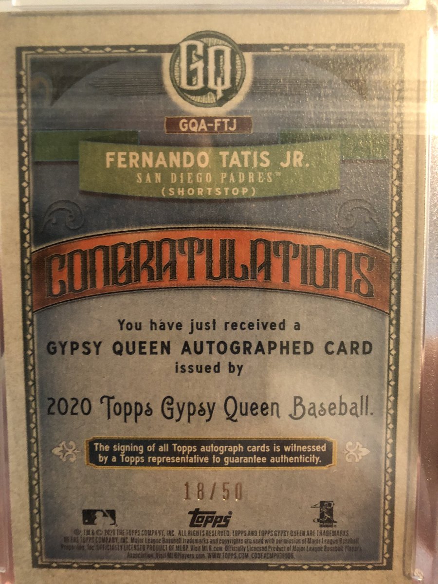 Fernando Tatis Jr 2020 Gypsy Queen BW Auto /50 $150