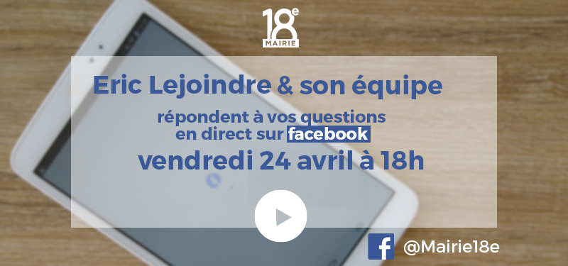 🔔 Rappel - Facebook Live à 18h

Le Maire du 18e, Eric Lejoindre, ainsi que plusieurs élu.e.s, vous donnent rendez-vous à 18h pour répondre à vos questions en direct !

Rendez-vous ici, sur notre page Facebook, ou sur Zoom via : us02web.zoom.us/j/82256823575