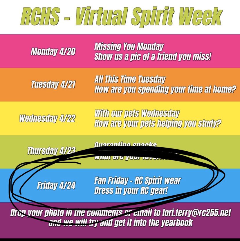 SPIRITWEAR FRIDAY! Put on your favorite RC gear and share a pic of you wearing at home! 

We need some pics with yesterday’s them “Quarantine Snacks” so send us some of those as well.