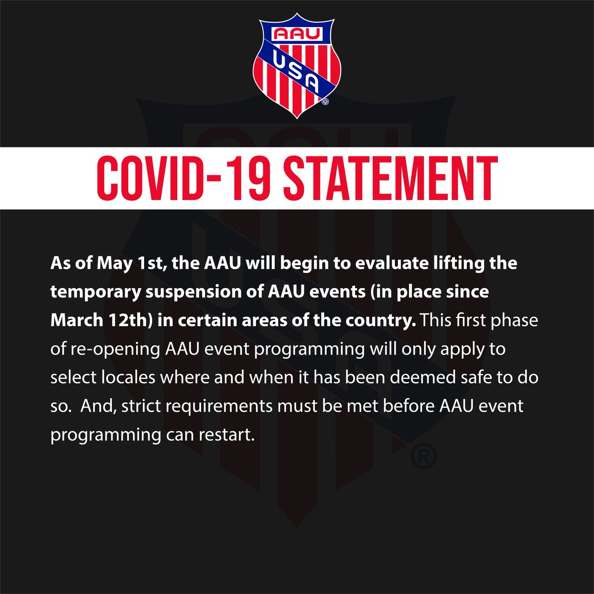 AAUVolleyball's tweet photo. As of May 1st, the AAU will begin to evaluate lifting the temporary suspension of AAU events  in certain areas of the country. This first phase of re-opening AAU event programming will only apply to select locales where it has been deemed safe to do so. https://t.co/rOUQyPperv https://t.co/U44XVzjUfO