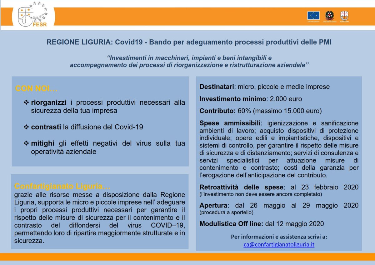 #liguria Adeguamento #Covid_19 contributi a fondo perduto per #imprese bene!! <a href="/GiovanniToti/">Giovanni Toti</a> <a href="/benveduti/">Andrea Benveduti</a> <a href="/RegLiguria/">Regione Liguria</a> #NOICISIAMO <a href="/confartigianato/">Confartigianato</a>