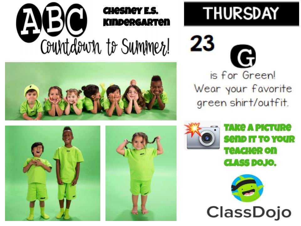 MrTeachK's tweet photo. On yesterday the Wigfall Warriors representing the letter “G” for Green by wearing their favorite green shirt/outfit. As we celebrate our Virtual ABC Countdown to Summer in honor of the last 26 days of Kindergarten.💚@MrTeachK #GCPSDLD @ChesneyChamps #VirtualABCCountdownToSummer https://t.co/QJtbuZS775