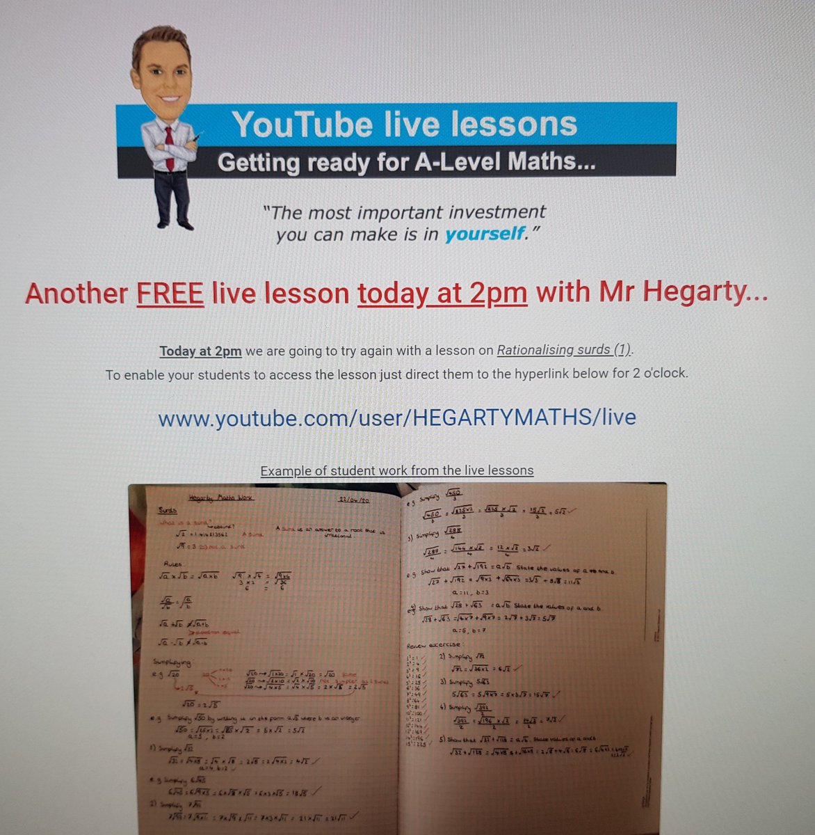 SCDMaths's tweet image. Another lesson aimed at y11 looking at studying A-level maths @SCDSchool from @hegartymaths today at 2pm today.