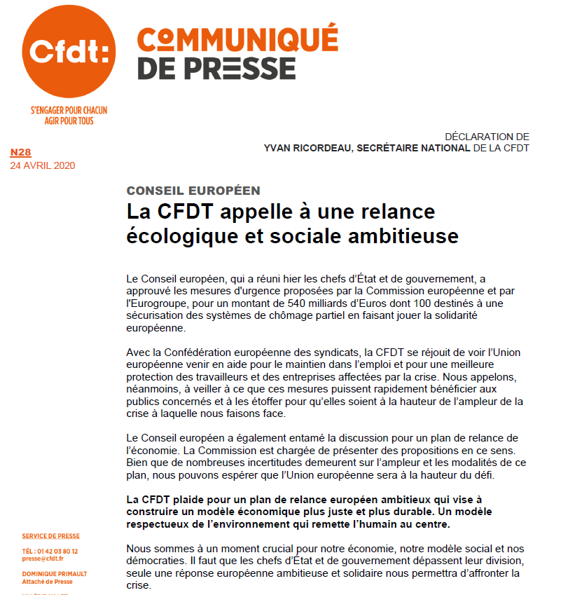 CFDT's tweet photo. || COMMUNIQUE DE PRESSE || La @CFDT plaide pour un plan de relance européen ambitieux qui vise à construire un modèle économique plus juste et plus durable. Un modèle
respectueux de l’environnement qui remette l’humain au centre. https://t.co/TMlmTWWL5b