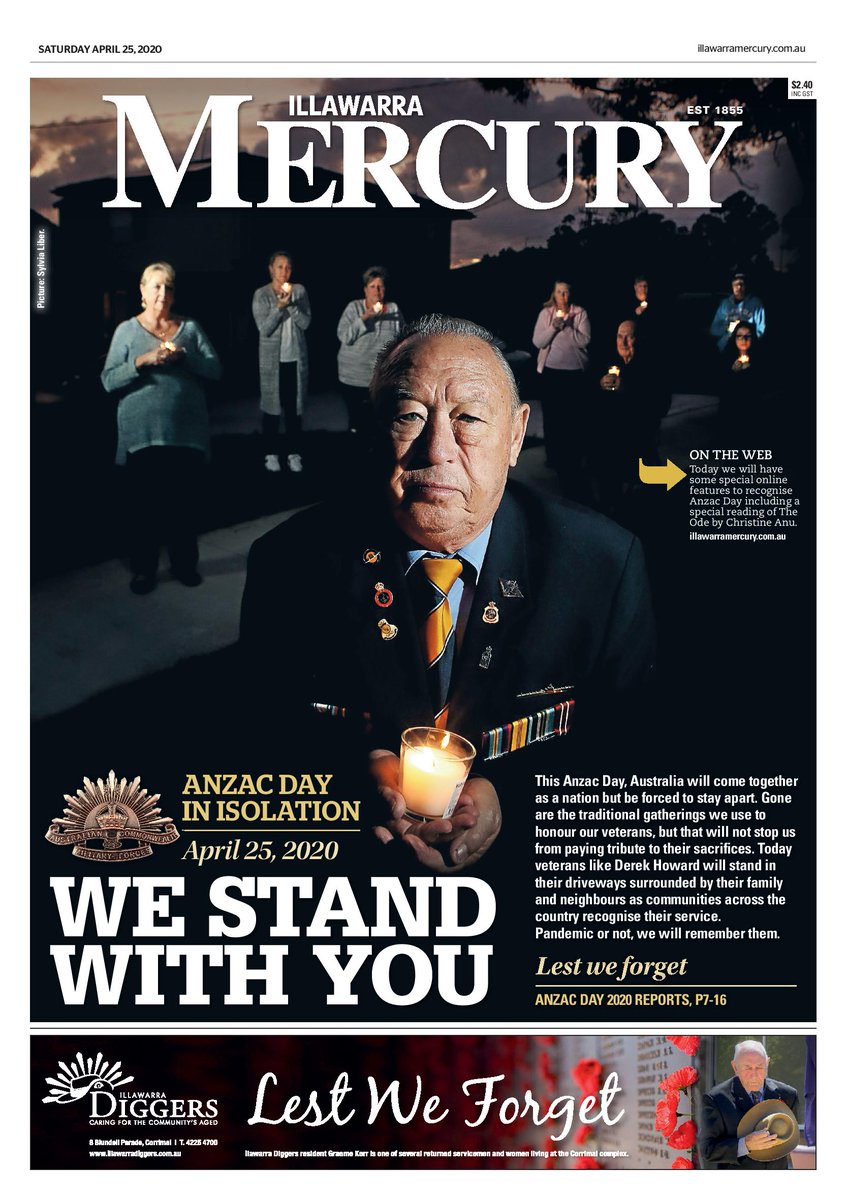 TOMORROW'S <a href="/illawarramerc/">Illawarra Mercury</a> FRONT:
WE STAND WITH YOU
This disease may keep us apart, but we will still come together for #AnzacDay2020 #AnzacDay 
Read the story here: bit.ly/2YdiWBl
Lest We Forget