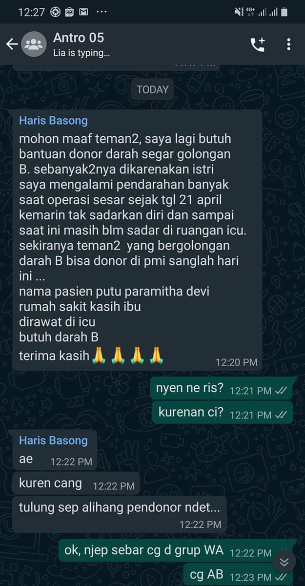 MaulanaDandii's tweet photo. Tolong d bantu teman" yang golongan darahnya B, istri teman saya mengalami pendarahan saat oprasi cesar.
Untuk tmn" yg inging membantu istri teman saya, bisa lgsg hubungi teman saya Haris +62 812-3922-525
Terimakasih.
@BaleBengong https://t.co/o4BdsATkw8