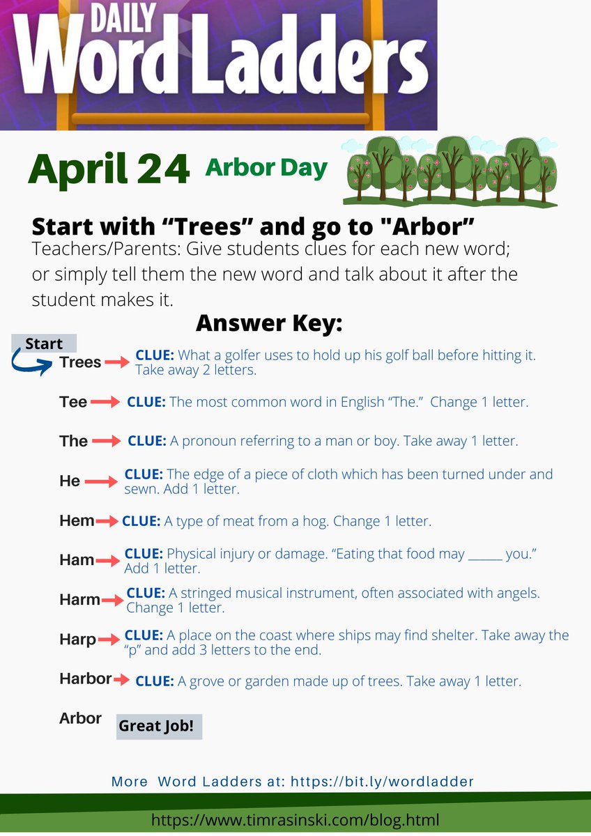TimRasinski1's tweet image. 1 of 3
April 24 - Today is Arbor Day!   Today&apos;s Word Ladder Lesson celebrates Trees (an early version of Earth Day).    

To Print: &quot;Save Image&quot;  then &quot;Print&quot;

Pls RETWEET for others parents &amp;amp; teachers to use. Thanks.

@ILA @NCTE @DyslexiaIDA @weareteachers @educationweek