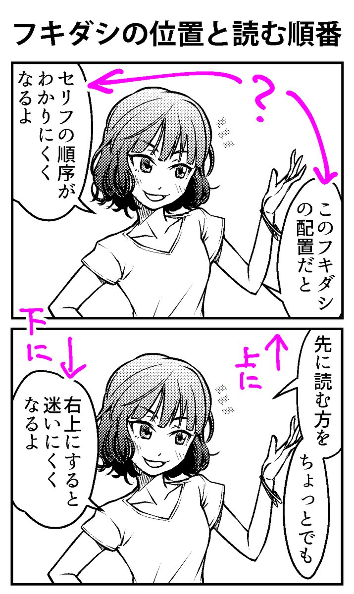 代々木アニメーション学院 東京校 池袋校 Pe Twitter マンガ科 フキダシ のコツです マンガのコマは右上から左下の順で読むので フキダシもそれと同じ要領で配置していきます 基本的に 右上 左上 右下 左下 という優先度なので これを守れば 読者に余計