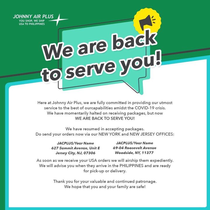 johnnyairplus's tweet photo. We are happy to be able to cater to your orders and shipments during this extended community quarantine and lockdowns caused by the #Covid19 pandemic. Please be advised and plan accordingly.
#JohnnyAirPlus #jacplus #USAtoPhilippines #shipping #shopping #coronavirus https://t.co/7HlEn4izN4
