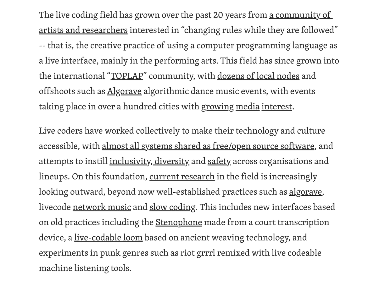 jdkarmitage's tweet image. Call for Workshop Proposals @nime2020
"Hybrid Live Coding Interfaces: performance and craft"
Seeking ancient algorithmic practices, and augmented, hybridised, gestural and physical interfaces for coding
Chairs: @shelly_knotts @yaxu @jdkarmitage
Submit: hybrid-livecode.pubpub.org/pub/nimecfp