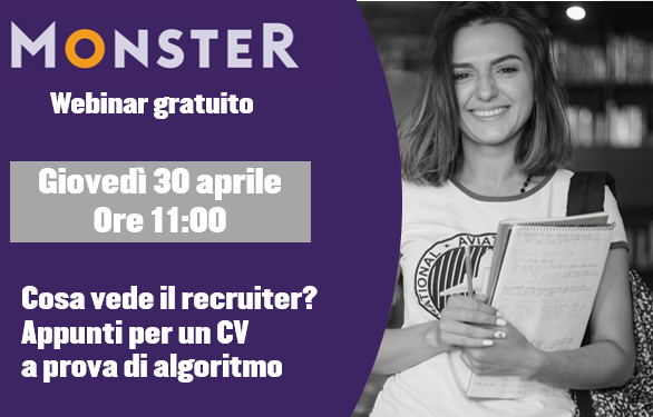 Tornano i webinar del ciclo #MonsterUniversityWebTour pensati per i candidati alla ricerca attiva di #lavoro.

"Cosa vede il recruiter? Appunti per un #CV a prova di algoritmo"

📆 Giovedì 30 aprile
⏰ Ore 11:00

Prenota il tuo posto in aula👇🏻
webikeo.com/webinar/cosa-v…