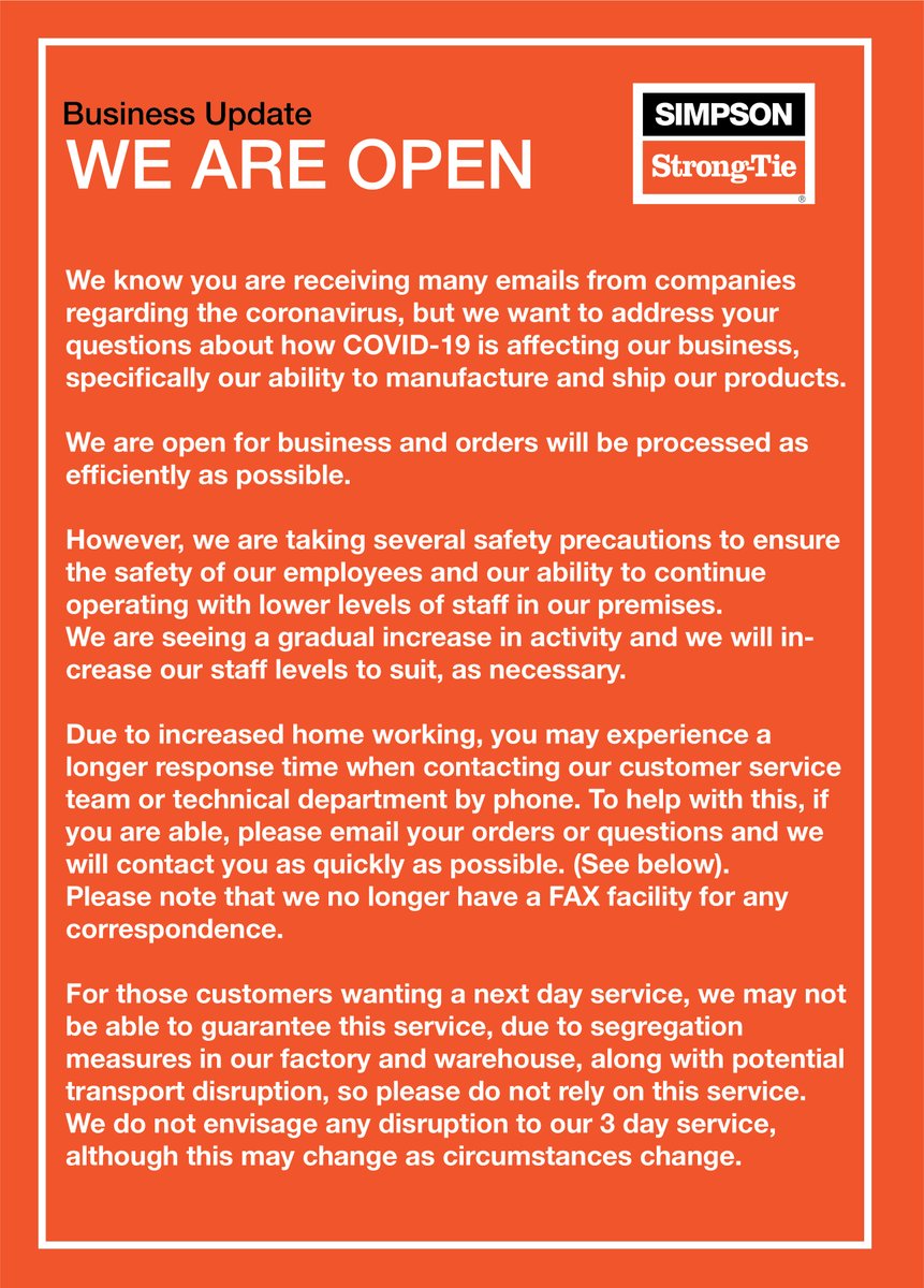 strongtieUK's tweet photo. SIMPSON STRONG-TIE ARE OPEN.

#Strongtie #StayConnected #Covid19 #OPEN #openforbusiness #inthistogether https://t.co/TmoPXSekvV