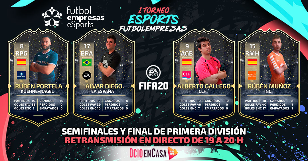 futbolempresas's tweet photo. Todo listo📢📢 para las semifinales de los e-sports de @futbolempresas . Síguenos en directo a las 19h en https://t.co/1IlrDRKvGa @RPortela92 de @Kuehne_Nagel @Ruben_mh10 de @ING_es Alberto Gallego de @grupoclh y Alvar Diego de @EA_Espana darán todo por llevarse el título 🏆🏆⚽ https://t.co/RiIEZxtGUS