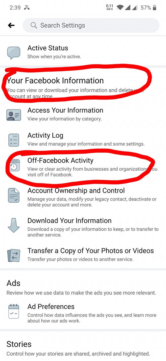 Step 2. Scroll down to 'Your Facebook Information' section. There you will see a 'Off Facebook Activity' section (Image attached)4/n