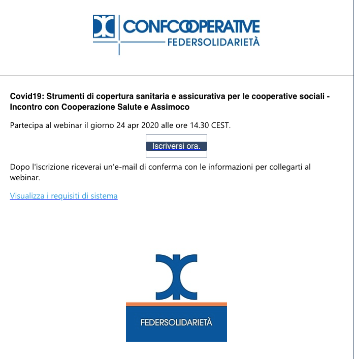 FedSolidarieta's tweet image. E' ancora possibile registrarsi al Webinar #Covid19: Strumenti di copertura sanitaria e assicurativa per le cooperative sociali - Incontro con Cooperazione Salute e #Assimoco #24aprile (14.30-16) per tutte le cooperative sociali associate @Confcooperativ1
register.gotowebinar.com/register/19688…