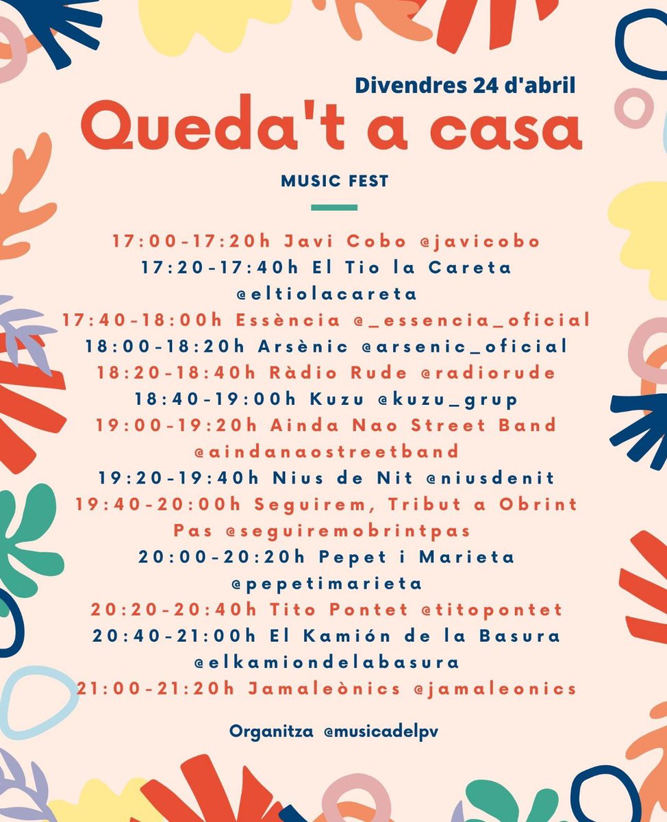 musicadelpv's tweet photo. QUEDA'T A CASA MUSIC FEST (IV)

Esta vesprada, des de les 17h fins a les 21:20h, quarts jornada del #QuedatacasaMusicFest. En directe als perfils d'Instagram dels grups! https://t.co/xYhiyXkwbl