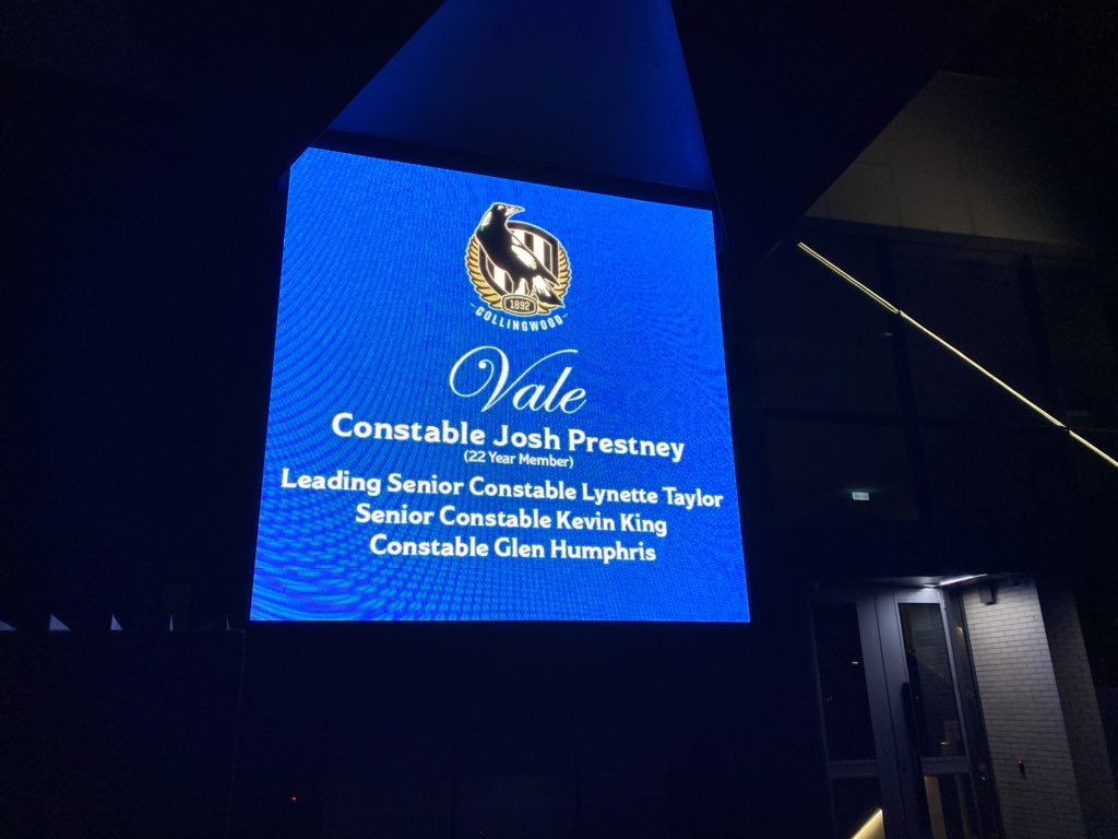 CollingwoodFC's tweet image. We extend our deepest sympathies to the families and friends of the four police officers who lost their lives in their line of duty.
 
One of the four, Constable Josh Prestney, was a 22 year member of our club. In this time of grief we offer in return his love of the Pies.